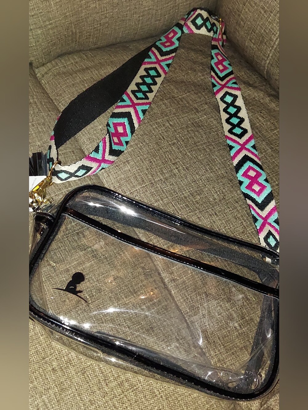 Clear Crossbody Bag with Black Trim and Patterned Pink-Teal Strap